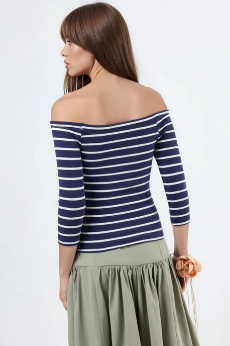Busem Gestreifte Rippen-Boatneck-Bluse mit langen Ärmeln - Marineblau - Image 3