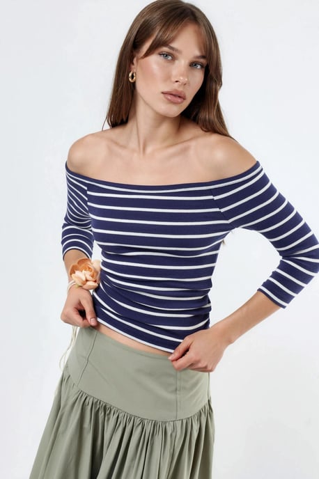 Busem Gestreifte Rippen-Boatneck-Bluse mit langen Ärmeln - Marineblau - Image 4