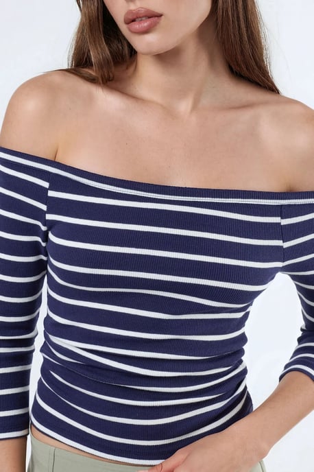 Busem Gestreifte Rippen-Boatneck-Bluse mit langen Ärmeln - Marineblau - Image 6