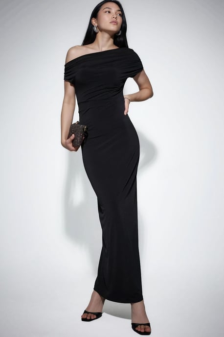 Hiccup Asymmetrisches Kragen-Maxikleid, Slim Fit - Schwarz - Image 1