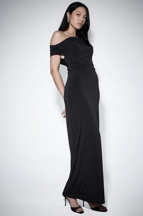 Hiccup Asymmetrisches Kragen-Maxikleid, Slim Fit - Schwarz - Image 2