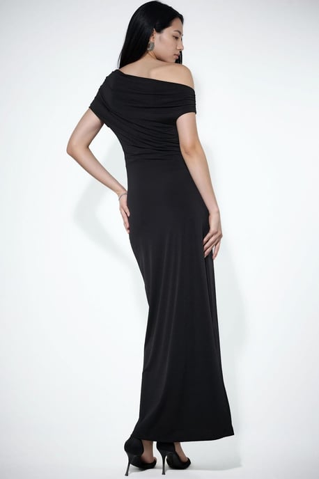 Hiccup Asymmetrisches Kragen-Maxikleid, Slim Fit - Schwarz - Image 3