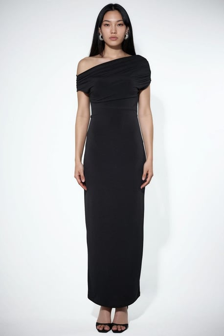 Hiccup Asymmetrisches Kragen-Maxikleid, Slim Fit - Schwarz - Image 6