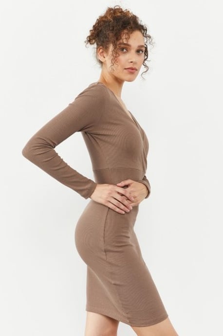 Rippstrick Bodycon Midi Kleid mit V-Ausschnitt - Image 1