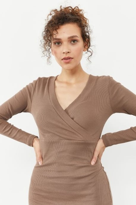 Rippstrick Bodycon Midi Kleid mit V-Ausschnitt - Image 3