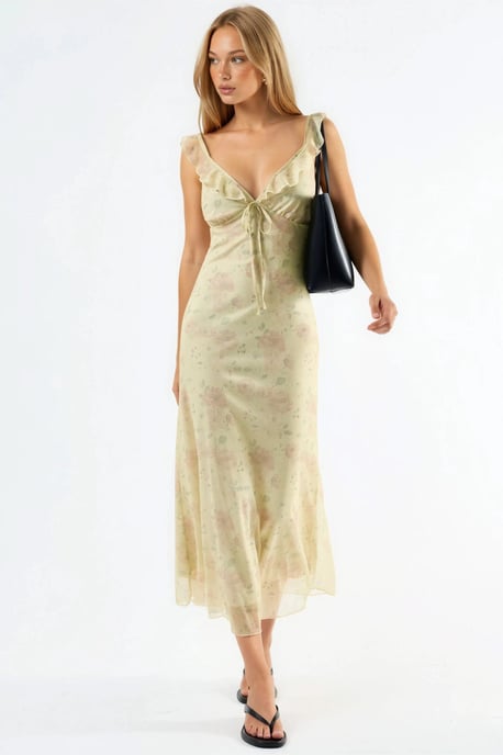 Blumiges V-Ausschnitt Midikleid - Image 1