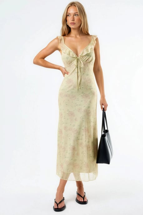 Blumiges V-Ausschnitt Midikleid - Image 2