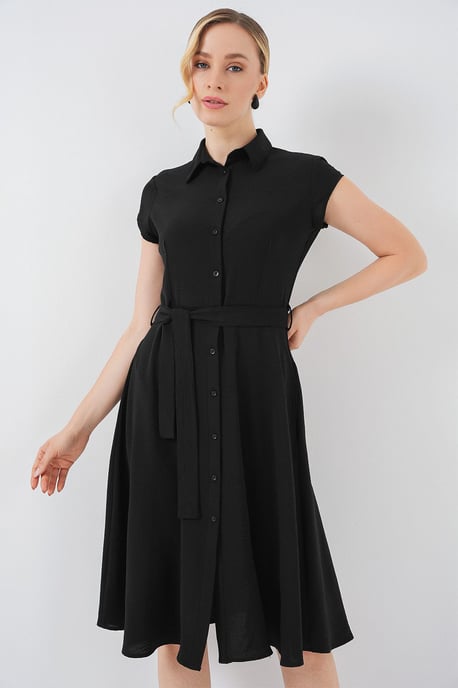 Knopfleisten-Hemdkragen A-Linien Midi-Kleid mit Bindungsdetails - Image 2