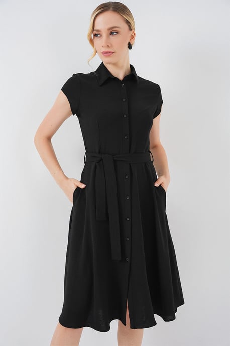 Knopfleisten-Hemdkragen A-Linien Midi-Kleid mit Bindungsdetails - Image 3
