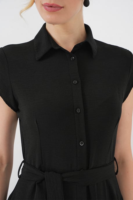 Knopfleisten-Hemdkragen A-Linien Midi-Kleid mit Bindungsdetails - Image 5