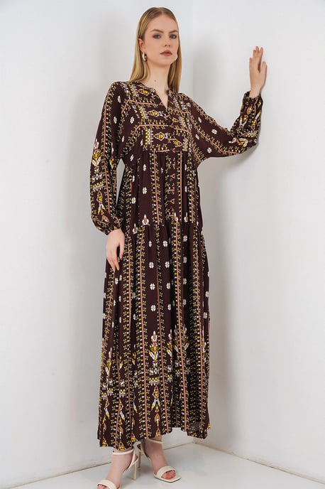 Gemustertes V-Ausschnitt Maxikleid - Image 3