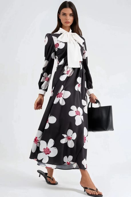 Mustered A-Linien-Maxikleid mit Schalkragen - Image 2