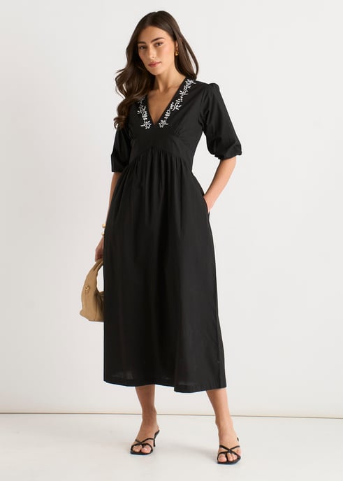 Schwarzes Midi-Kleid aus Baumwolle mit Puffärmeln und Stickerei - Image 1