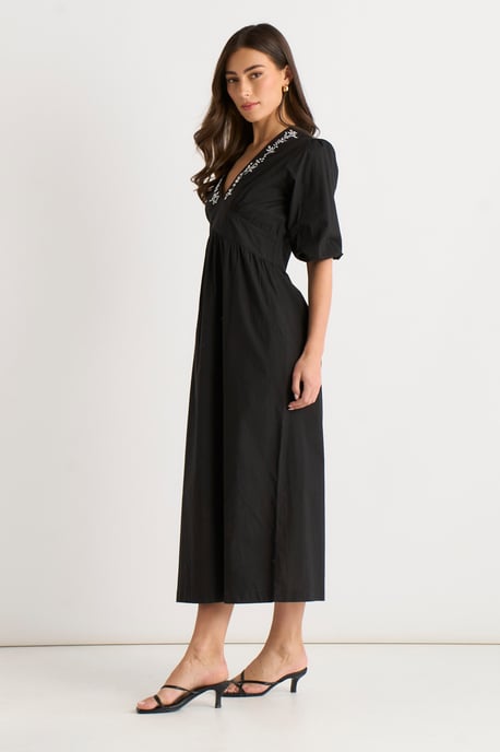Schwarzes Midi-Kleid aus Baumwolle mit Puffärmeln und Stickerei - Image 3