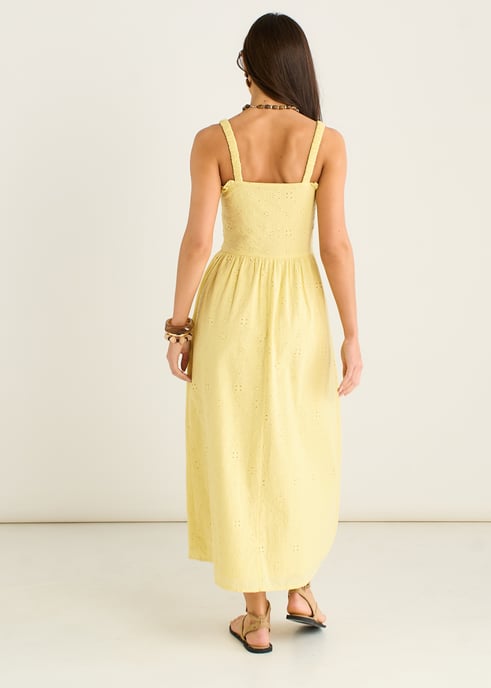 Gelbes Sommerkleid mit besticktem, gerafftem Oberteil - Image 3