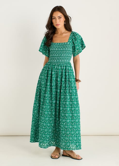 Grünes Midi-Kleid mit Blumenbroderie und Raffungen - Image 1