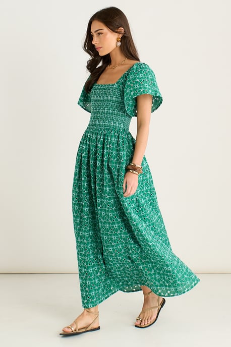 Grünes Midi-Kleid mit Blumenbroderie und Raffungen - Image 3