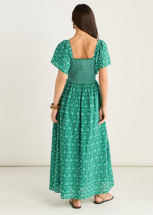 Grünes Midi-Kleid mit Blumenbroderie und Raffungen - Image 4