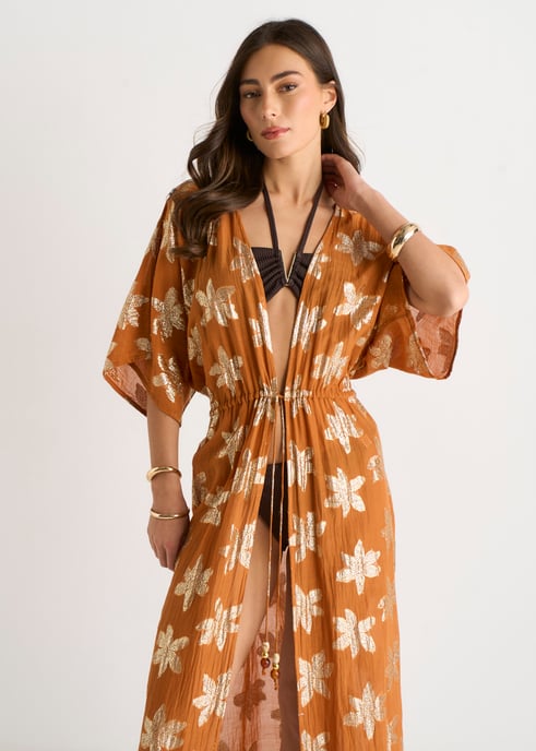 Kaftan-Kimono mit Lurex-Verzierung und Bindeband vorne in Orange mit Blumenmuster - Image 2