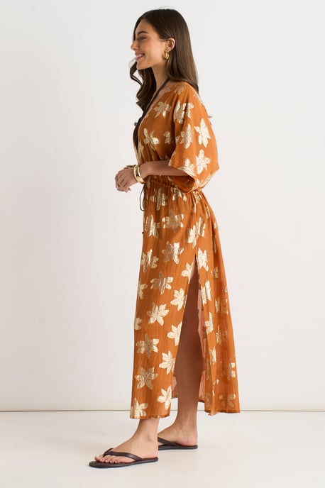 Kaftan-Kimono mit Lurex-Verzierung und Bindeband vorne in Orange mit Blumenmuster - Image 3