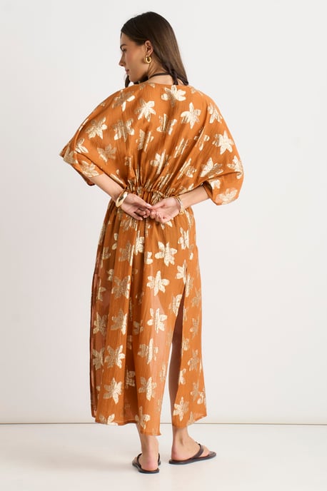 Kaftan-Kimono mit Lurex-Verzierung und Bindeband vorne in Orange mit Blumenmuster - Image 4