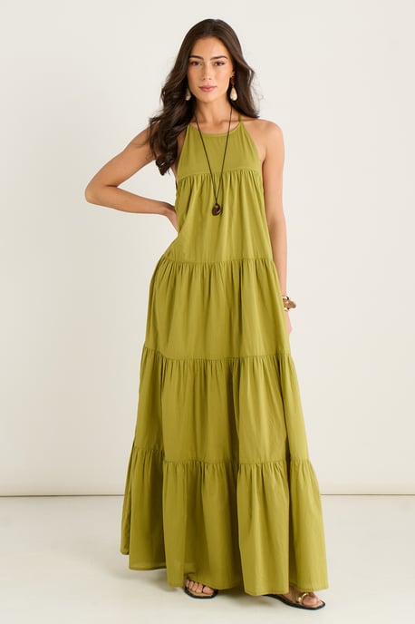 Khakifarbenes, gestuftes Maxikleid im Trapezschnitt mit Neckholder - Image 1