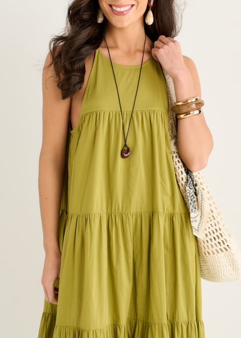Khakifarbenes, gestuftes Maxikleid im Trapezschnitt mit Neckholder - Image 2