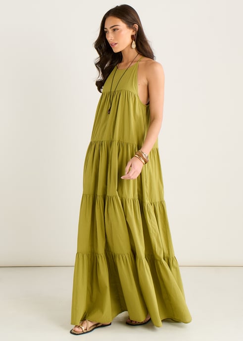 Khakifarbenes, gestuftes Maxikleid im Trapezschnitt mit Neckholder - Image 3