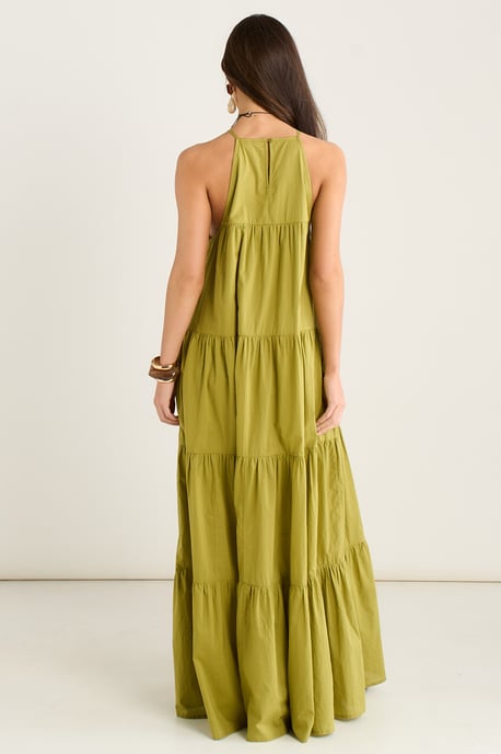 Khakifarbenes, gestuftes Maxikleid im Trapezschnitt mit Neckholder - Image 4