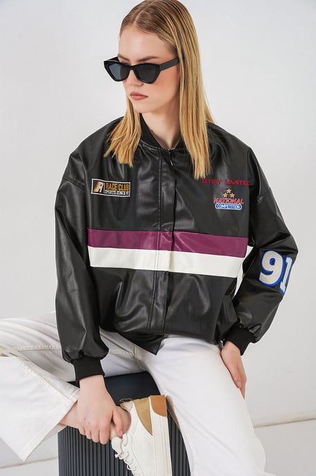 Taillierte Bomberjacke aus Kunstleder mit Schleife - Image 4