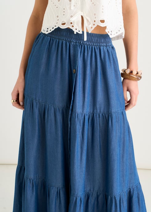 Blauer Midaxi-Rock aus Chambray mit Gummizug und Knopfleiste - Image 2