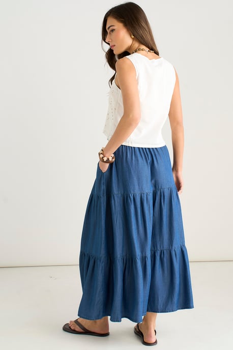 Blauer Midaxi-Rock aus Chambray mit Gummizug und Knopfleiste - Image 4
