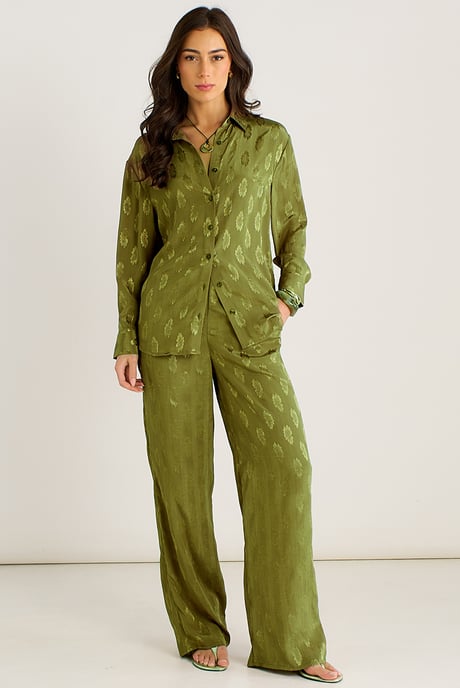 Hose aus khakifarbenem Satin-Jacquard mit Blumenmuster - Image 1
