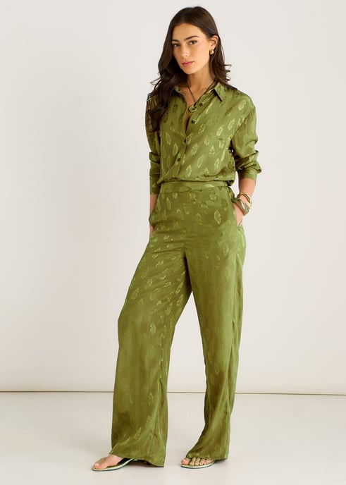 Hose aus khakifarbenem Satin-Jacquard mit Blumenmuster - Image 3