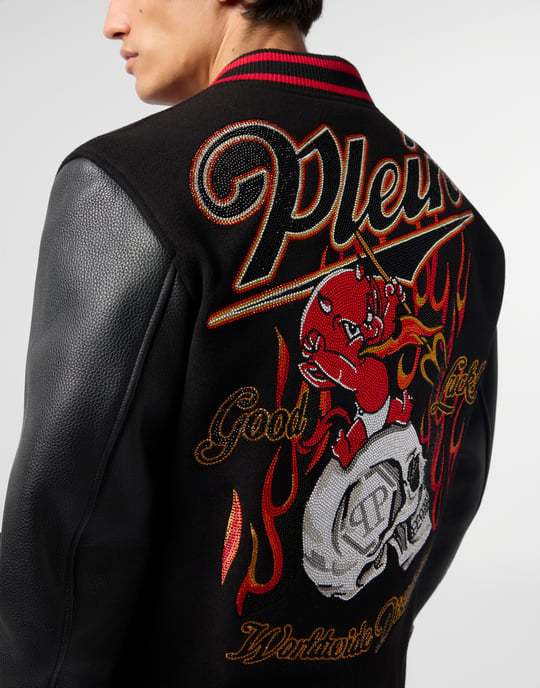 Varsity Bomber With Leather Sleeves Devil Skull - Image 3