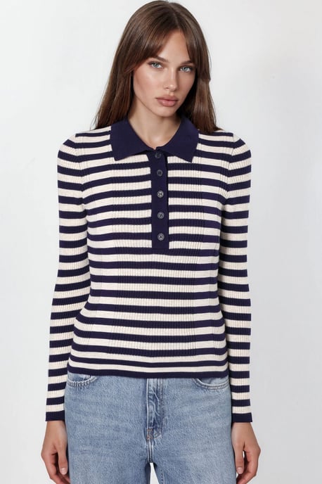 Gestreifter Rundhalsausschnitt-Pullover mit Knopfdetail - Image 3