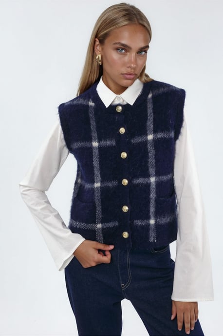 Kariertes Rundhals-Sweater-Weste mit Knöpfen - Image 1