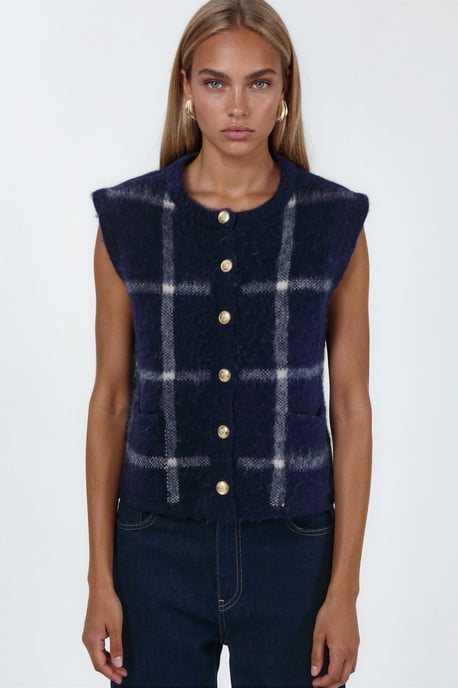 Kariertes Rundhals-Sweater-Weste mit Knöpfen - Image 4