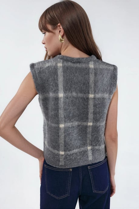 Kariertes Rundhals-Sweater-Weste mit Knöpfen - Image 2
