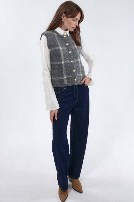 Kariertes Rundhals-Sweater-Weste mit Knöpfen - Image 3