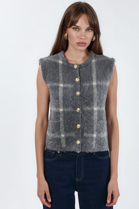 Kariertes Rundhals-Sweater-Weste mit Knöpfen - Image 4