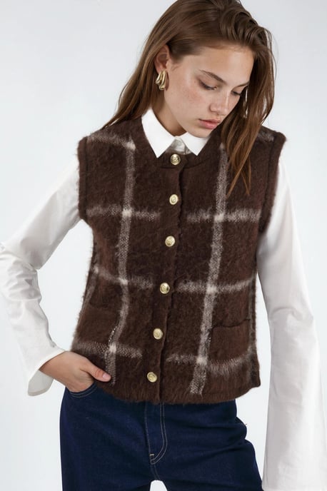 Kariertes Rundhals-Sweaterweste mit Knöpfen - Image 1