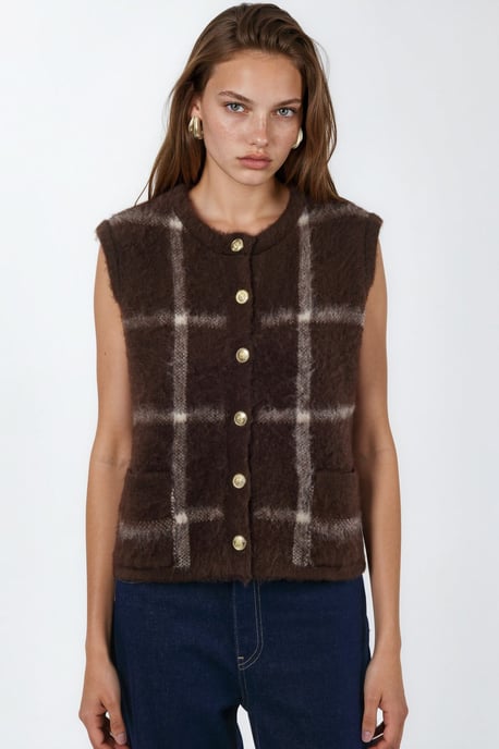 Kariertes Rundhals-Sweaterweste mit Knöpfen - Image 2