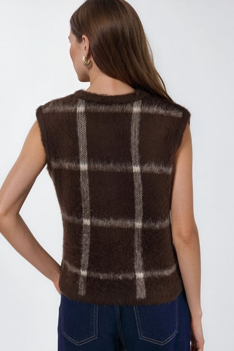 Kariertes Rundhals-Sweaterweste mit Knöpfen - Image 3