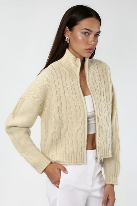 Halb-Turtleneck Kabelstrick-Cardigan mit Reißverschluss - Image 6