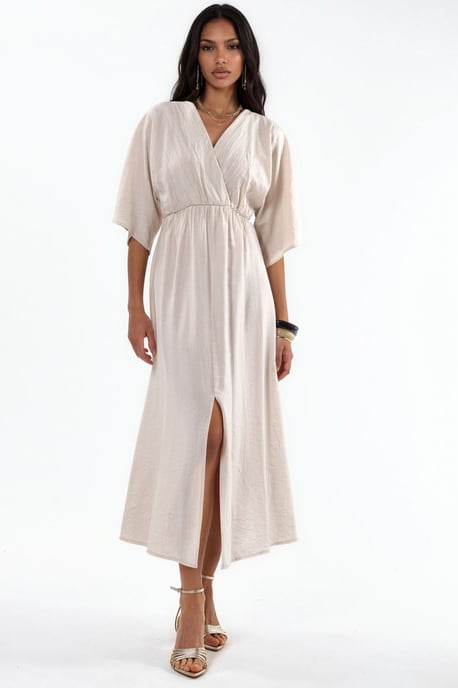 V-Ausschnitt Midikleid mit Wickeloptik und drei Viertelärmeln - Image 5