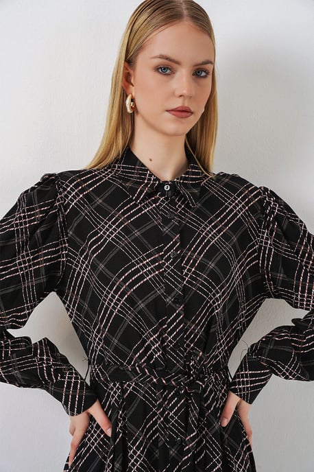 Karo Midi Hemdkleid mit Knopfverschluss - Image 2