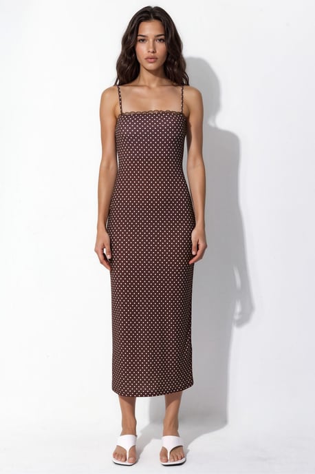 Midikleid mit Spitzen-Details und Punkten in Sandy - Image 5