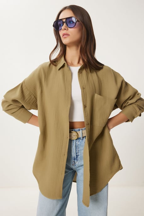 Oversized Textured Cotton Shirt with Pocket - Image 3