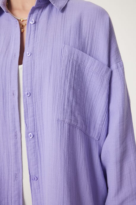 Oversized Textured Cotton Shirt with Pocket - Image 3
